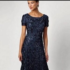 Alex Evenings Women's Rosette Lace A Line Gown Navy Size 12
